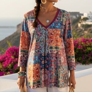 Sunny Leigh L Bohemian Hippie Resortwear Paisley Patchwork Silky Knit Tunic Top